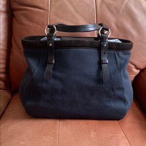 💙🤎Stylish Yves Saint Laurent Navy Canvas and Brown Suede Trim Tote Bag🤎💙